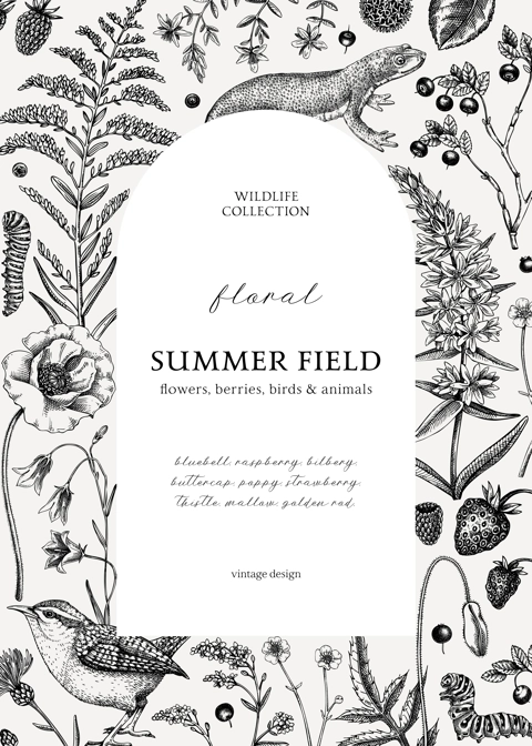 Retro style floral frame design. Vintage summer background. Wildlife sketches. Wildflowers botanical illustration. Hand-drawn field flowers, birds, and animals for wedding invitation, card, decoration